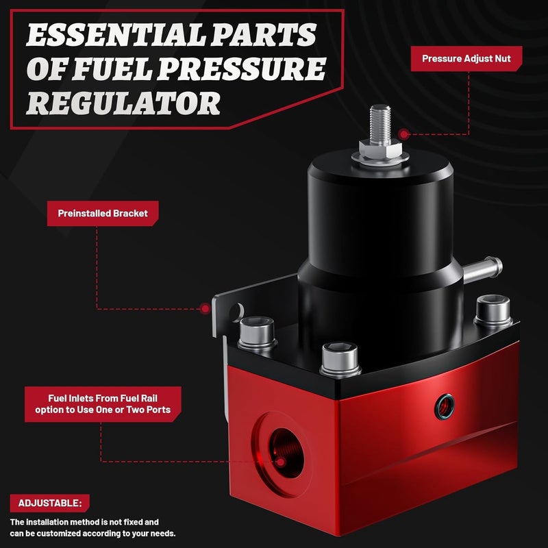 Plobeda EFI Fuel Pressure Regulator Kit with Bypass Return 0-100psi Pressure Gauge AN6-6AN Fuel Line Hose Fitting Connectors Kit Adjustable Universal Aluminum Black & Red - Image 4